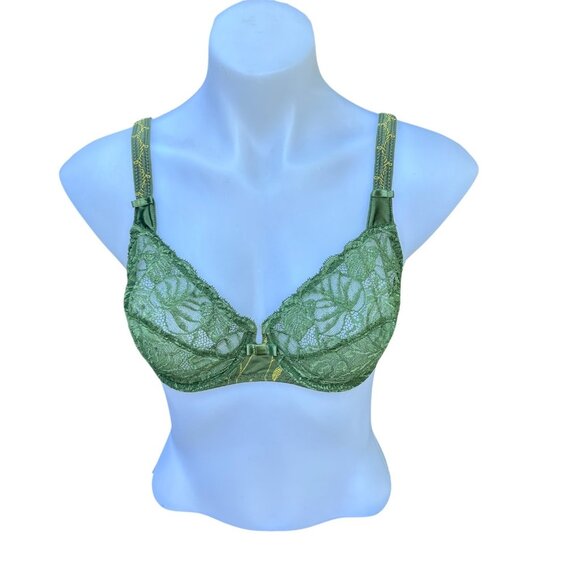 Aubade Paris Forest Green Lace Unlined Underwire Balconette Bra 32DD - Picture 1 of 11